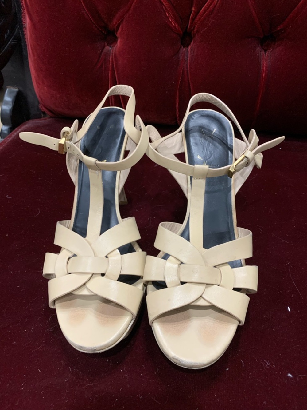 Saint Laurent Beige Leather Knotted T-Strap Heels - Picture 2 of 13
